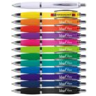 Twelve colorful pens arranged in two rows against a white background.