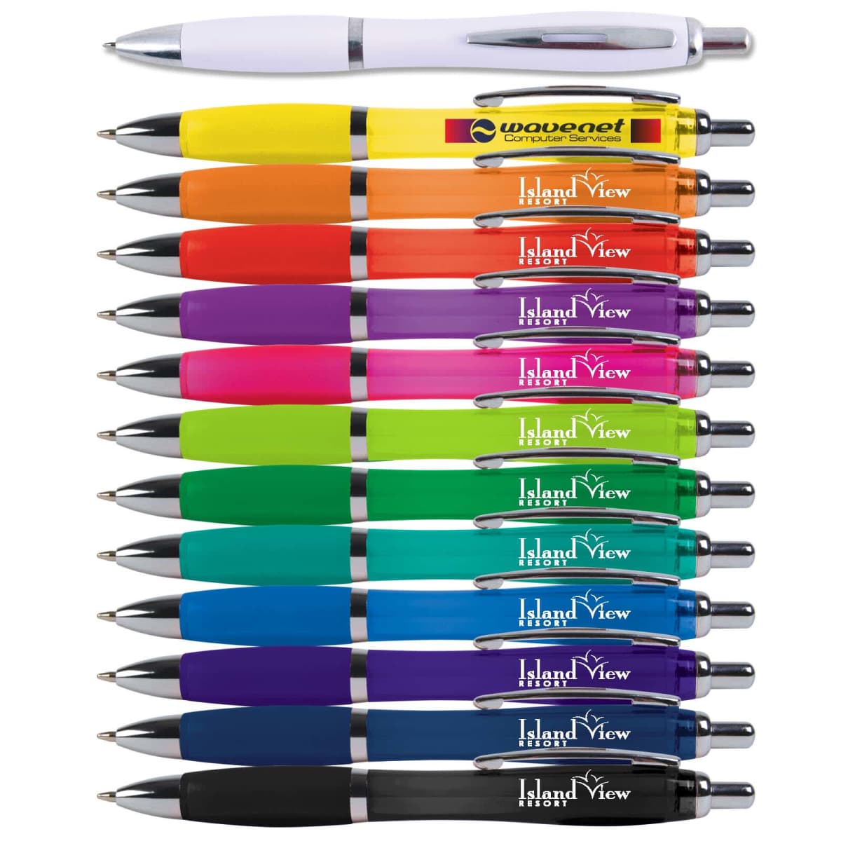 Twelve colorful pens arranged in two rows against a white background.