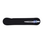 A pen placed inside a black sleeve case, viewed from above.
