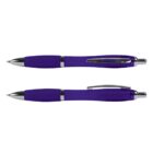 Two purple pens with silver accents, one showing the clip side and the other the writing tip side.