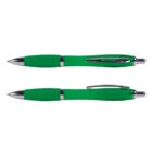 Two green ballpoint pens with silver accents, shown from side and top views.