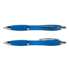 Two blue and silver retractable pens, each shown from a different side.