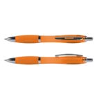 Two orange ballpoint pens with silver tips and clips on a white background.