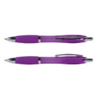 Two purple ballpoint pens with silver accents, one with the tip retracted and the other extended.