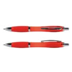 Two red ballpoint pens with silver accents, one with retracted tip, on a white background.