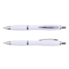Two white retractable ballpoint pens with silver accents, shown from side and top views.