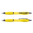Two yellow ballpoint pens with silver tips and clips, shown side by side, one facing up, the other facing down.