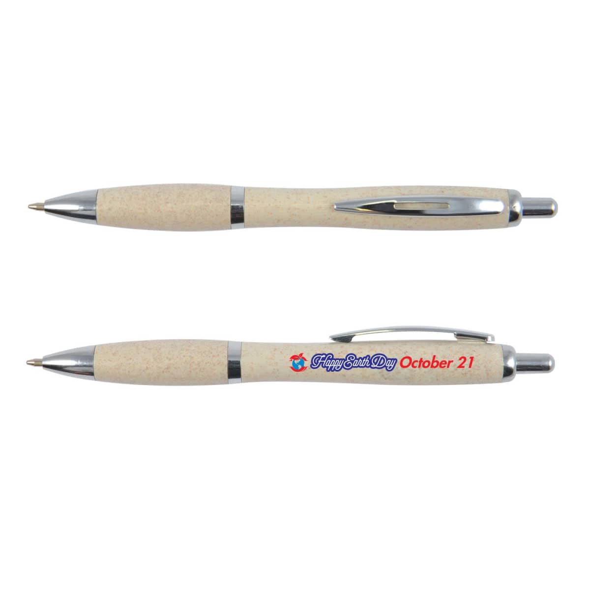 Two beige ballpoint pens with silver accents, one showing Happy Earth Day October 21 in blue and red text.