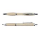 Two beige ballpoint pens with silver clips and tips, shown in top and side views.