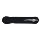 Silver fountain pen in a black velvet case, viewed from above.