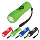 Five pocket flashlights in green, red, blue, and black, each with a wrist strap and printed logo.