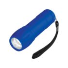 Blue flashlight with black wrist strap, standing upright on a white background.