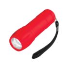 Red flashlight with a black wrist strap on a plain white background.