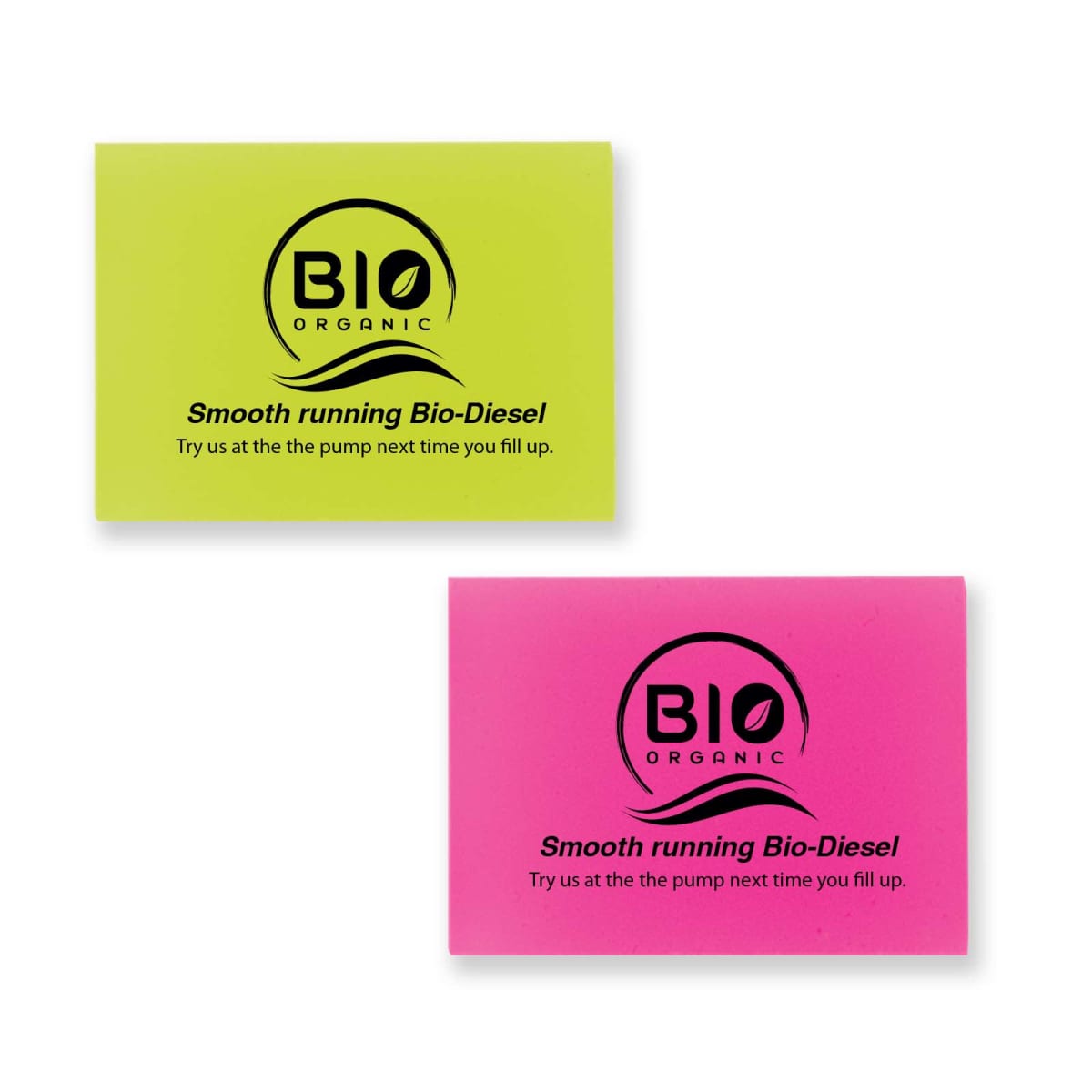 Two colored cards, one green and one pink, with BIO ORGANIC and Smooth running Bio-Diesel printed on them.