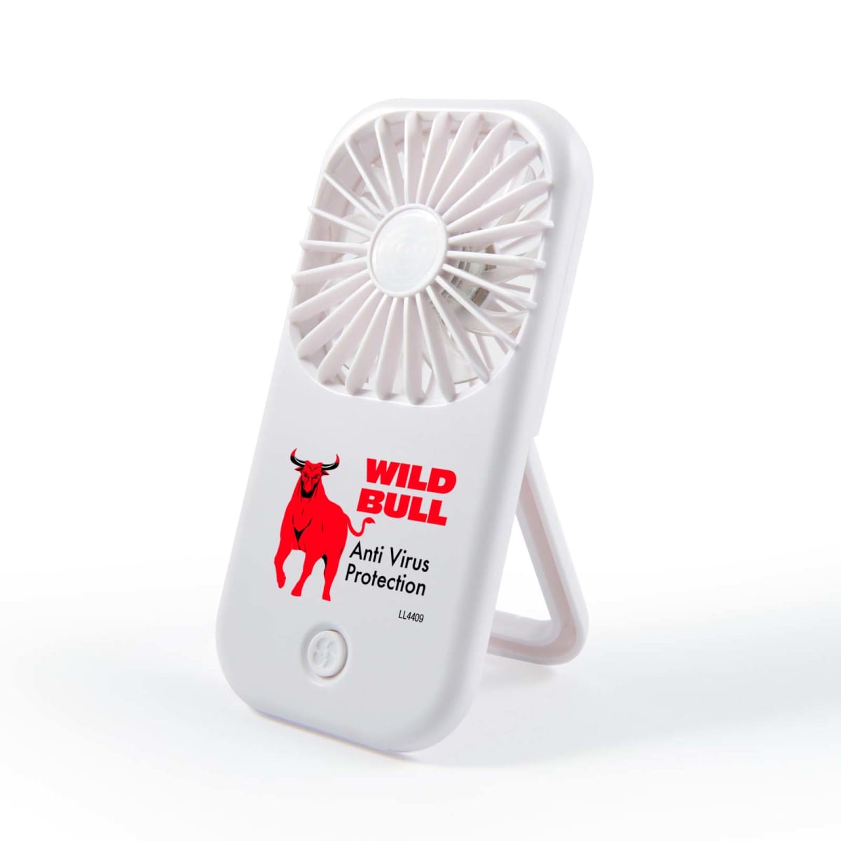 Portable white fan with a red bull logo and Wild Bull Anti Virus Protection text on it.