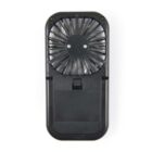 Black handheld portable fan with a folding handle and visible circular blades.