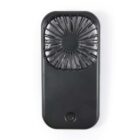 A compact, black portable fan with a circular blade cover on a white background.