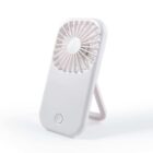 A white portable mini fan with a stand on a white background.