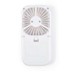 A white portable handheld fan with visible blades and a foldable handle.