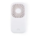 Compact white portable fan with a circular grille and a single button at the bottom.