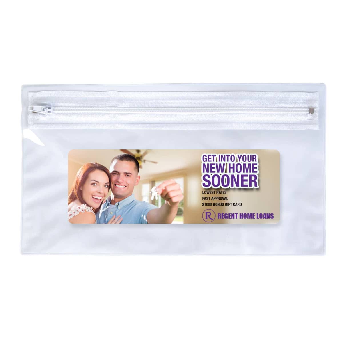 Smiling couple holding keys with Get Into Your New Home Sooner text and Regent Home Loans logo on a pouch.