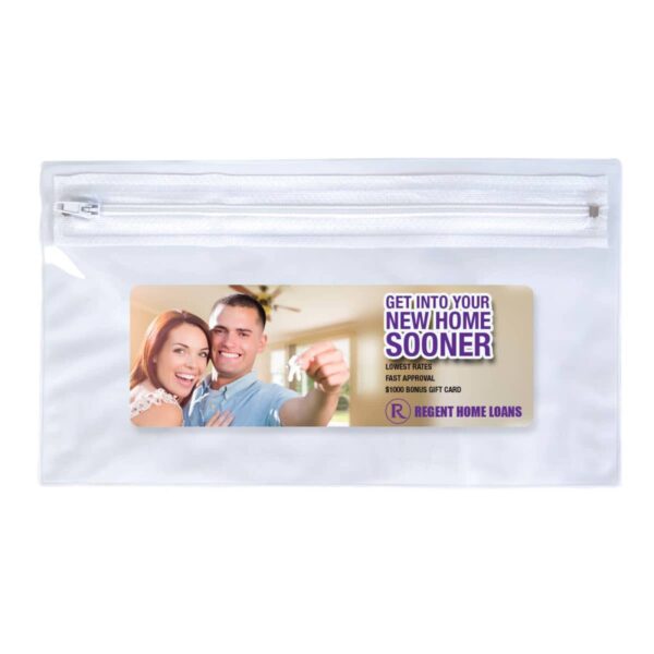 A smiling couple holding a key, with text about new home loans on a transparent zippered pouch.