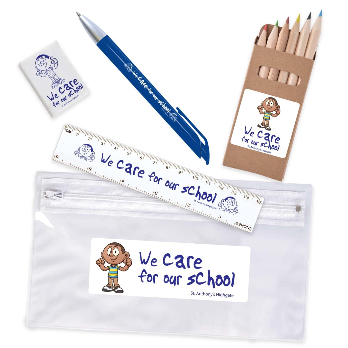 School stationery set with pouch, pen, ruler, eraser, and colored pencils labeled We care for our school.