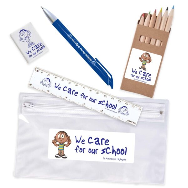 School stationery set with pencil case, pen, ruler, eraser, and colored pencils, labeled We care for our school.