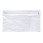 Clear plastic zippered pouch on a white background.
