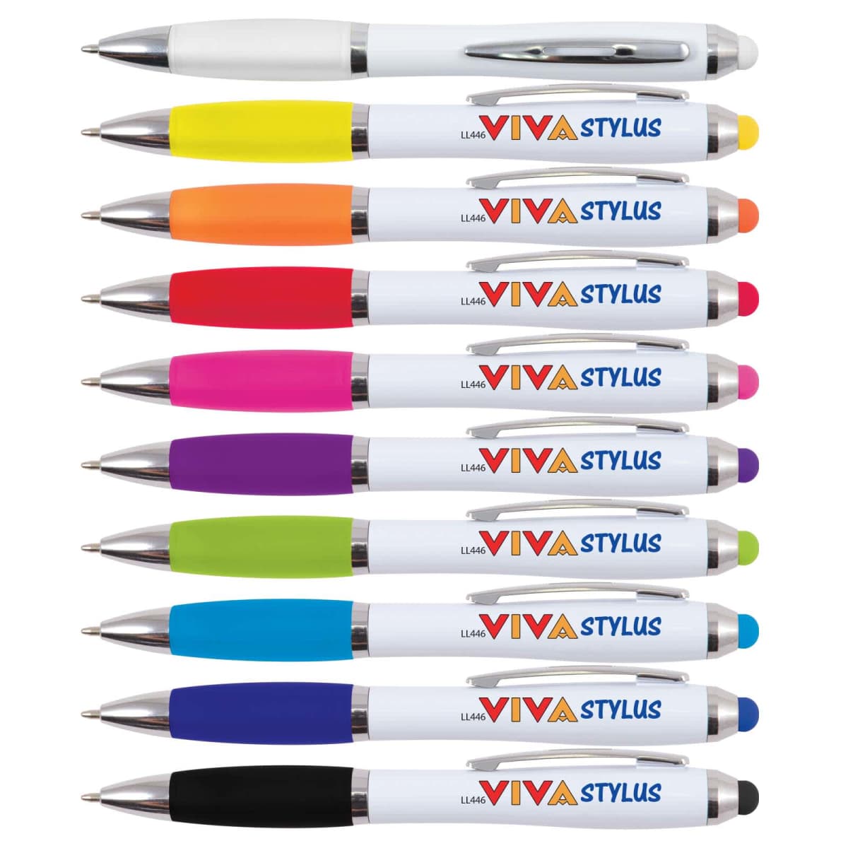 Nine colorful pens with VIVA Stylus logo, arranged vertically on a white background.