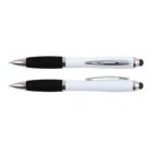 Two white and black pens with silver tips, clips, and black grips, shown in top and side views.
