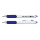 Two blue and white pens with silver clips on a plain white background, shown from different angles.