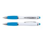 Two ballpoint pens with blue grips and styluses, shown from top and side perspectives.