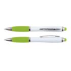Two green and white pens with metal tips and clips, displayed side by side on a white background.