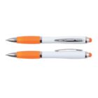 Two white and orange pens with silver clips and tips, one showing the side and the other top view.