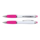 Two white and pink ballpoint pens with click mechanisms and metal clips, shown from side and top views.
