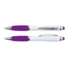 Two purple and white ballpoint pens with silver clips and tips, shown from the side and bottom.