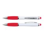 Two white and red ballpoint pens with silver accents, shown in front and side views.