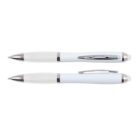 Two white ballpoint pens with silver accents, one showing the tip and the other showing the clip, on a white background.