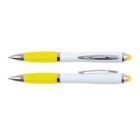 Two yellow and white ballpoint pens with silver clips, shown from side and top views, isolated on a white background.
