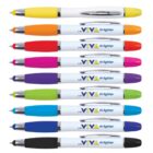Nine colorful pens arranged in rows, each with a white body and colored caps and grips.