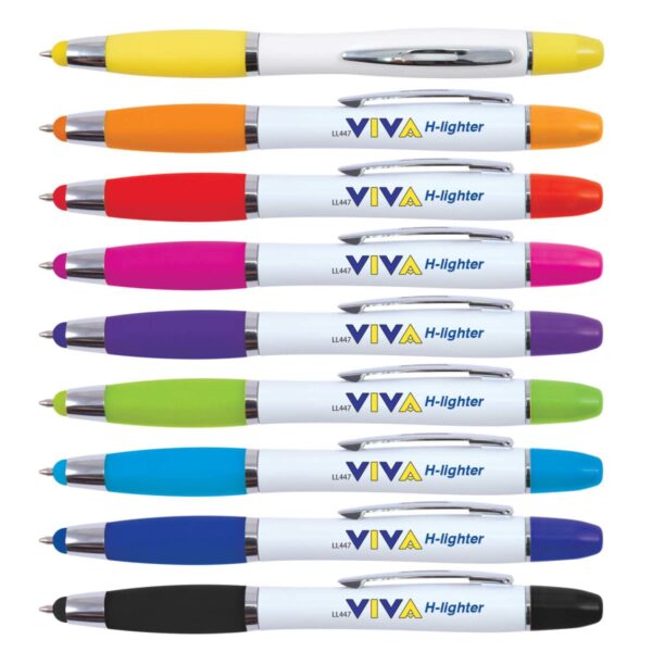 Eight colorful pens with white barrels, each showing the word VIVA and H-lighter on the side.