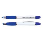Two blue and white retractable pens with chrome clips, one open and one closed, on a white background.