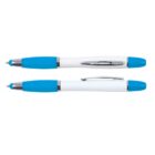Two blue and white pens with silver clips, one uncapped and one capped, displayed on a white background.