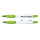 Two green and white pens, one with the tip retracted, on a plain white background.