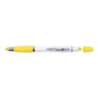 Yellow and white pen with rubber grip, metal clip, and green highlighter cap removed.