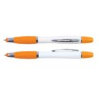 Two ballpoint pens with orange grips and clips, lying parallel on a white background.