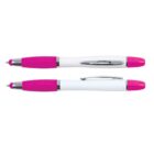 Two pink and white pens with silver clips, one capped and one uncapped, on a plain background.
