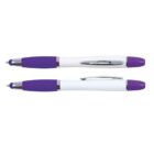 Two white ballpoint pens with purple grips and tips, one with the clip facing up, the other down.