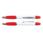 Two red and white pens, one with the tip extended and the other retracted, on a white background.